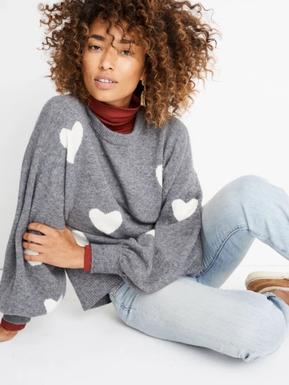 Madewell Heart Dot Balloon-Sleeve Pullover Sweater in Heather Evening Size Large